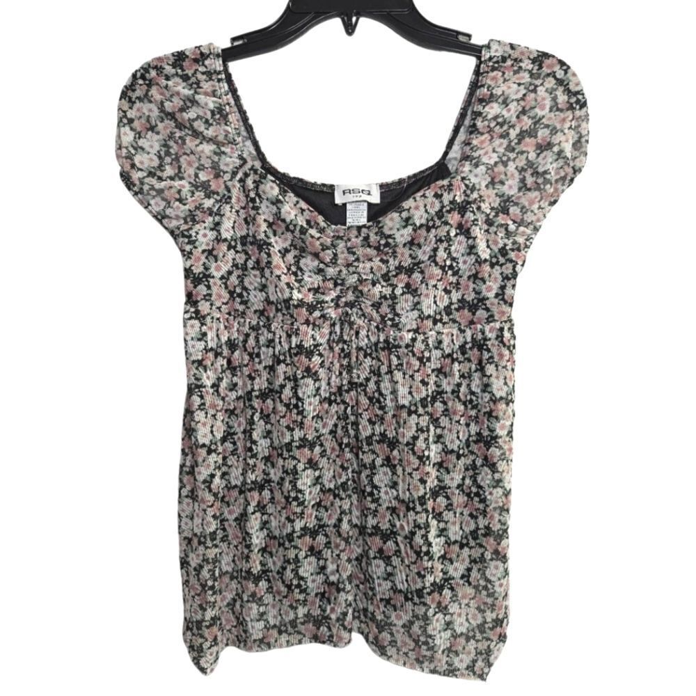 RSQ Tillys girls XL black pink white floral mesh layered babydoll top shirt